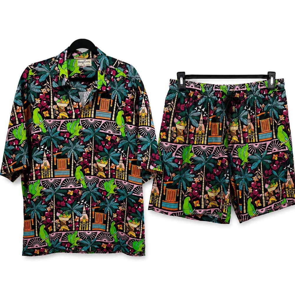 Kenny‎ Flowers Cartagena Silk Shirt Swim Trunks Set 3XL Tropical Parrot